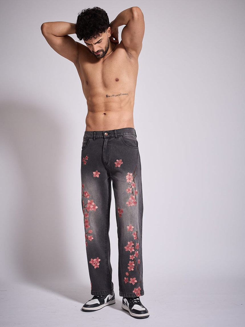 Grey Tint Cherry Blossom Straight Fit Denim Jeans Fugazee
