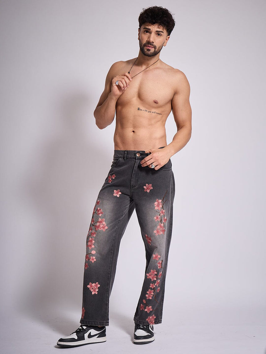 Grey Tint Cherry Blossom Straight Fit Denim Jeans Fugazee