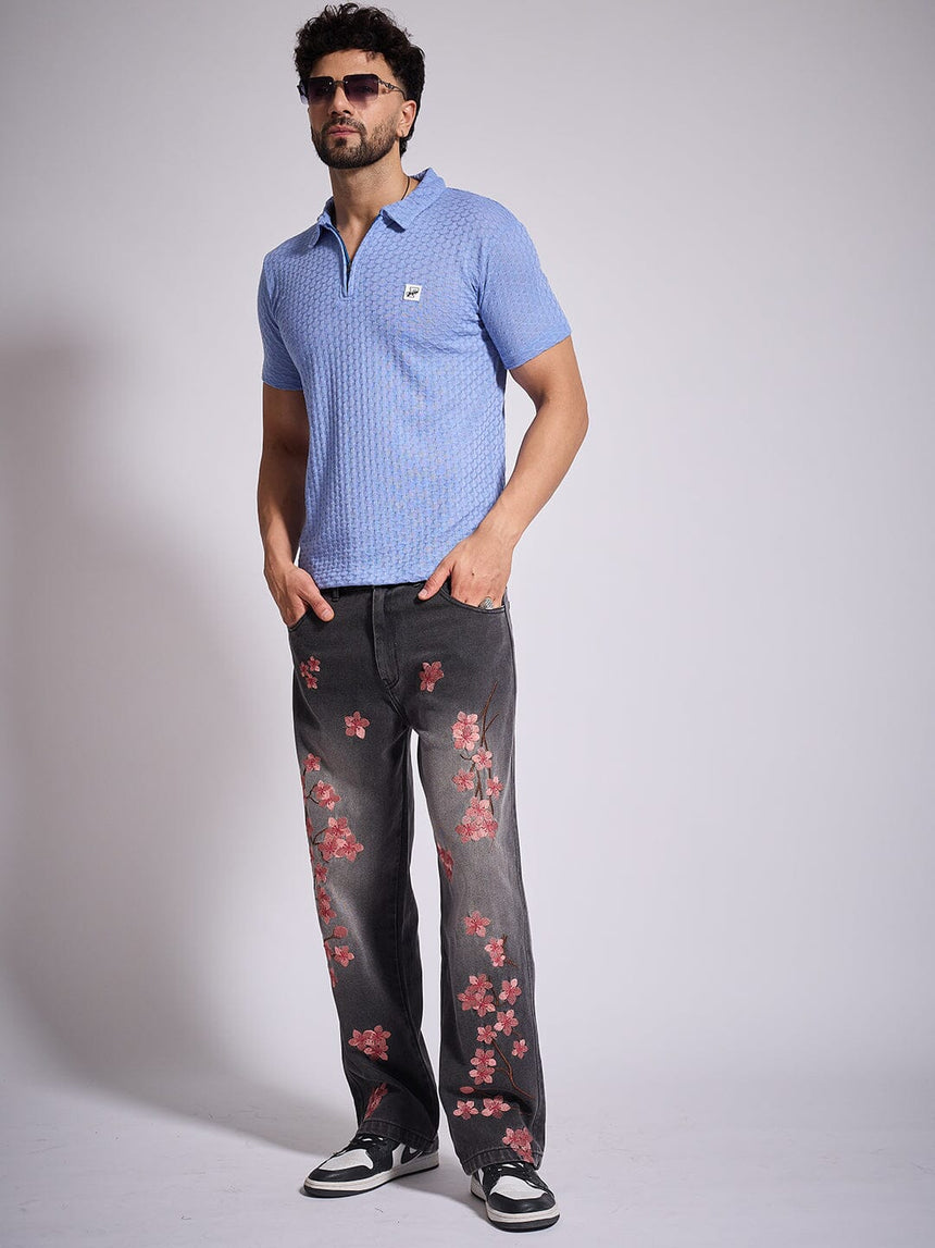 Airy Blue Textured Knitted Polo Tshirt T-Shirts Fugazee