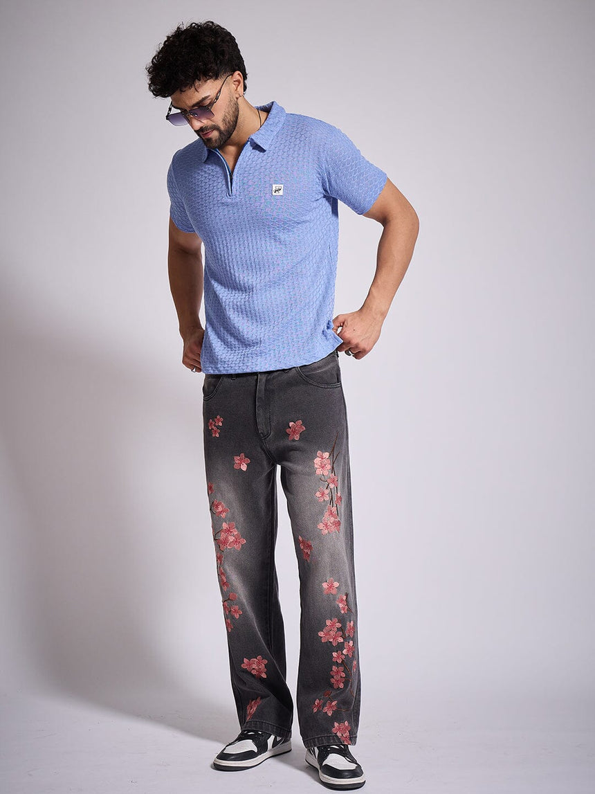 Airy Blue Textured Knitted Polo Tshirt T-Shirts Fugazee