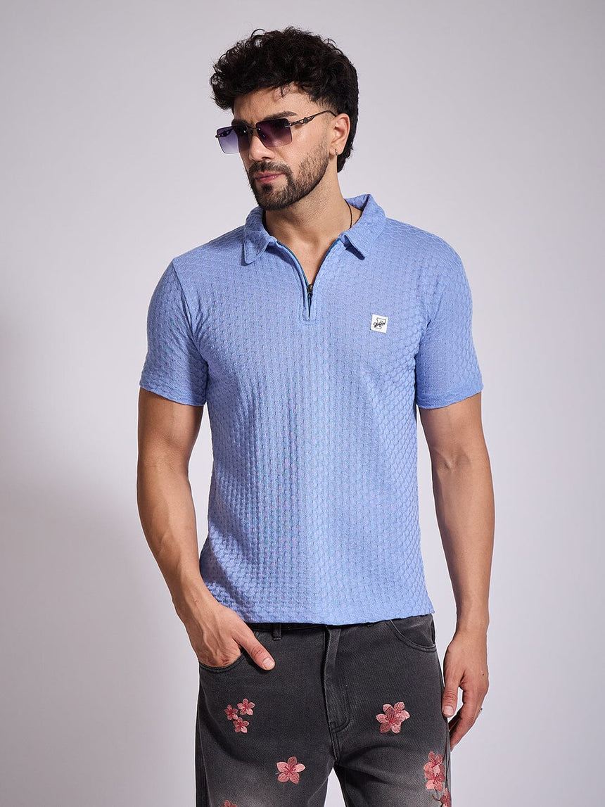 Airy Blue Textured Knitted Polo Tshirt T-Shirts Fugazee