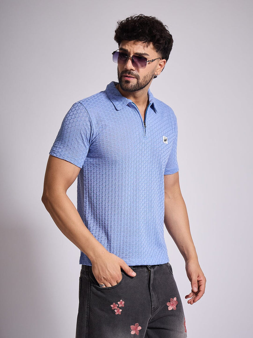 Airy Blue Textured Knitted Polo Tshirt T-Shirts Fugazee