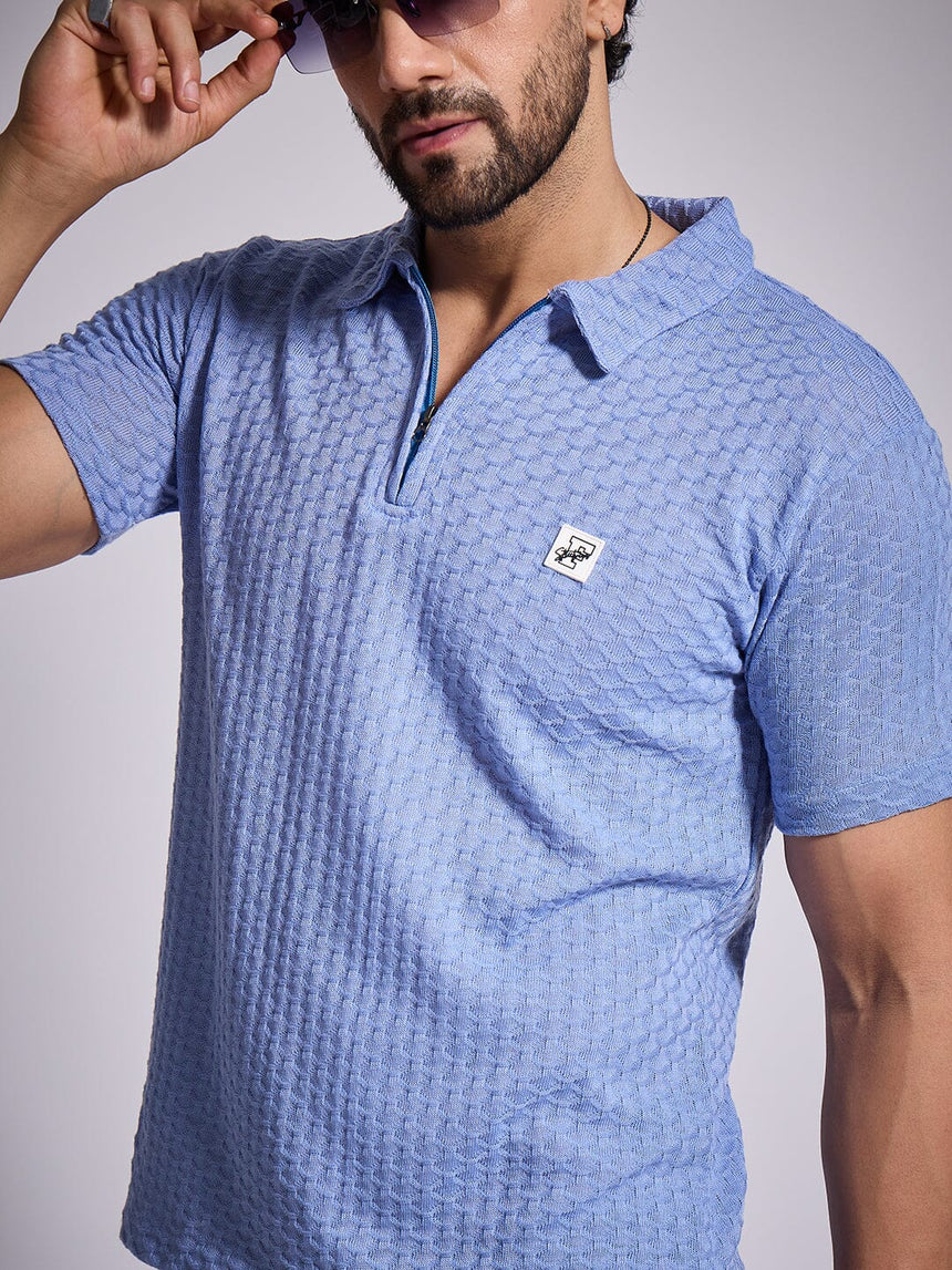 Airy Blue Textured Knitted Polo Tshirt T-Shirts Fugazee