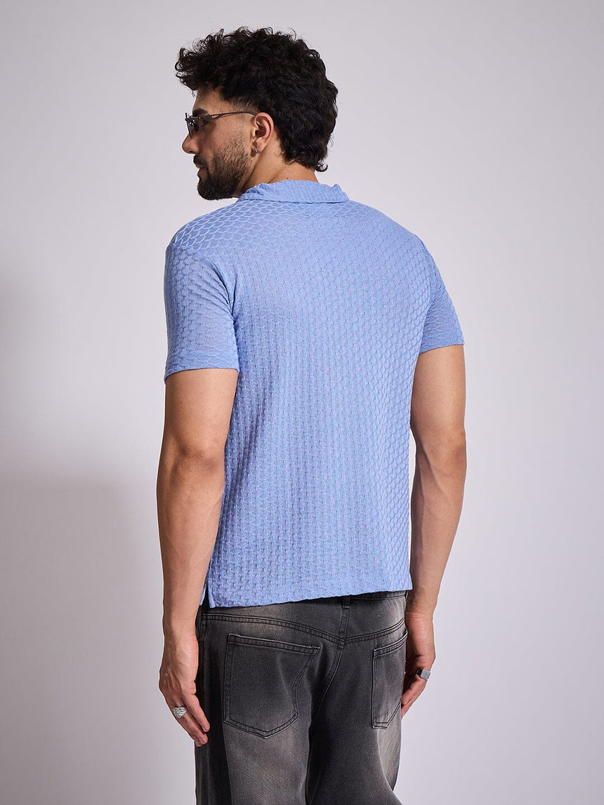 Airy Blue Textured Knitted Polo Tshirt T-Shirts Fugazee