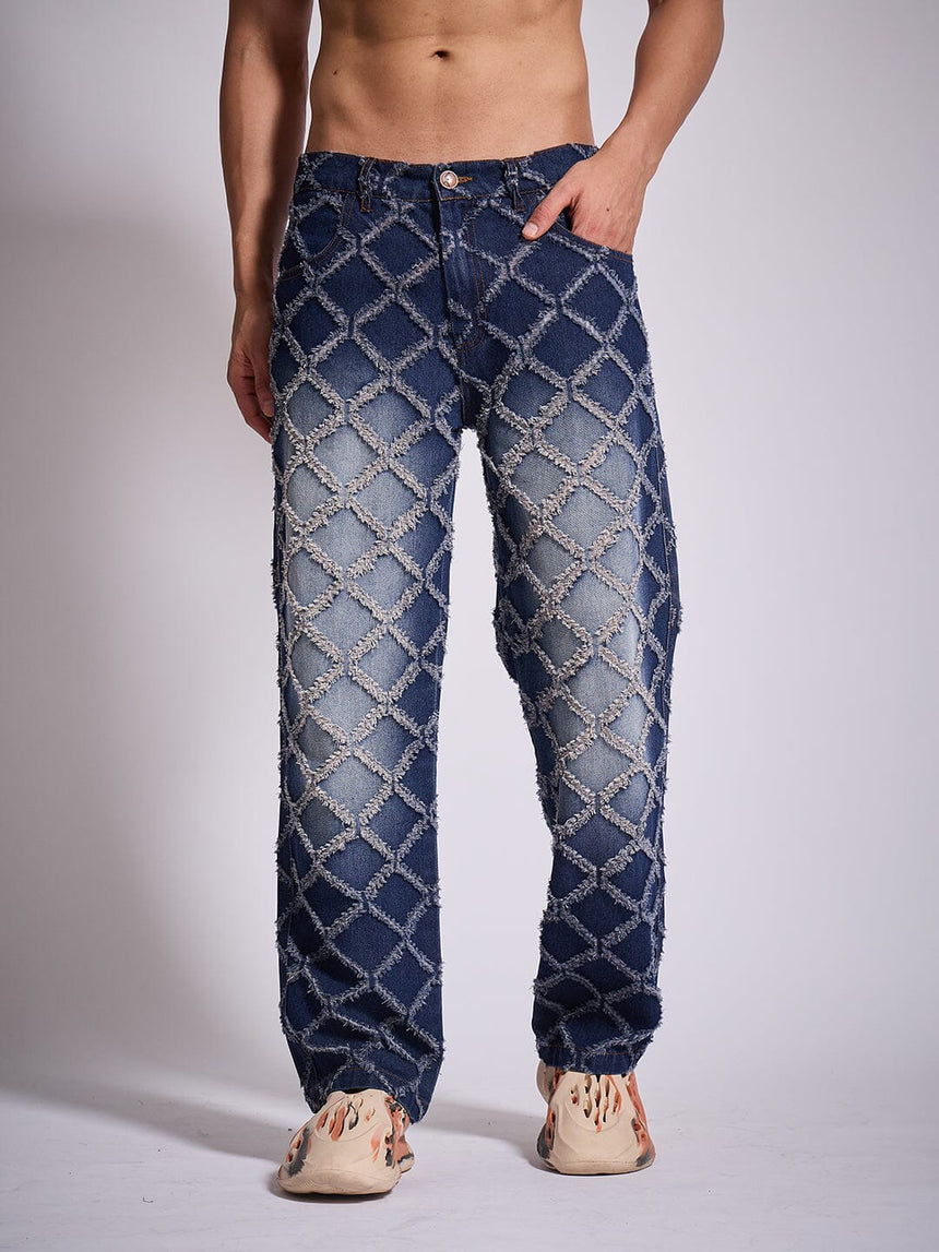 Dark Washed Distressed Patterned Straight Fit Denim Jeans Fugazee