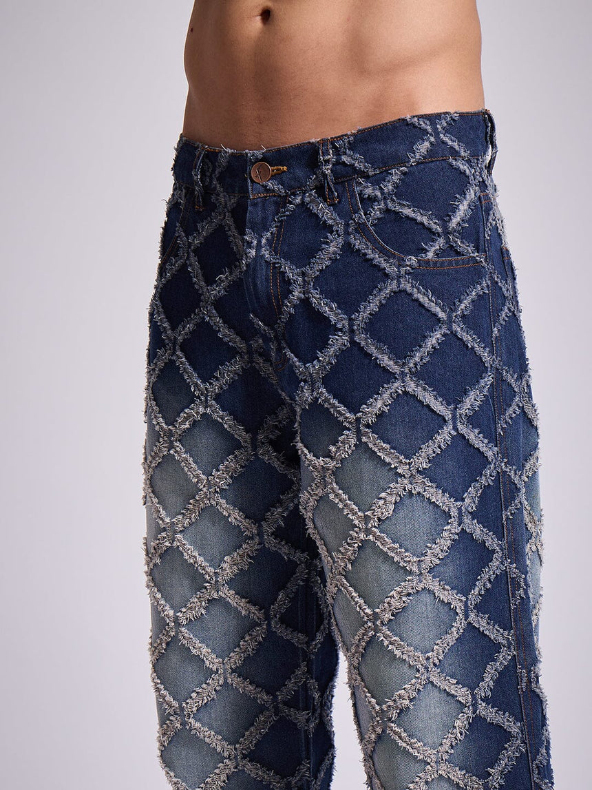 Dark Washed Distressed Patterned Straight Fit Denim Jeans Fugazee