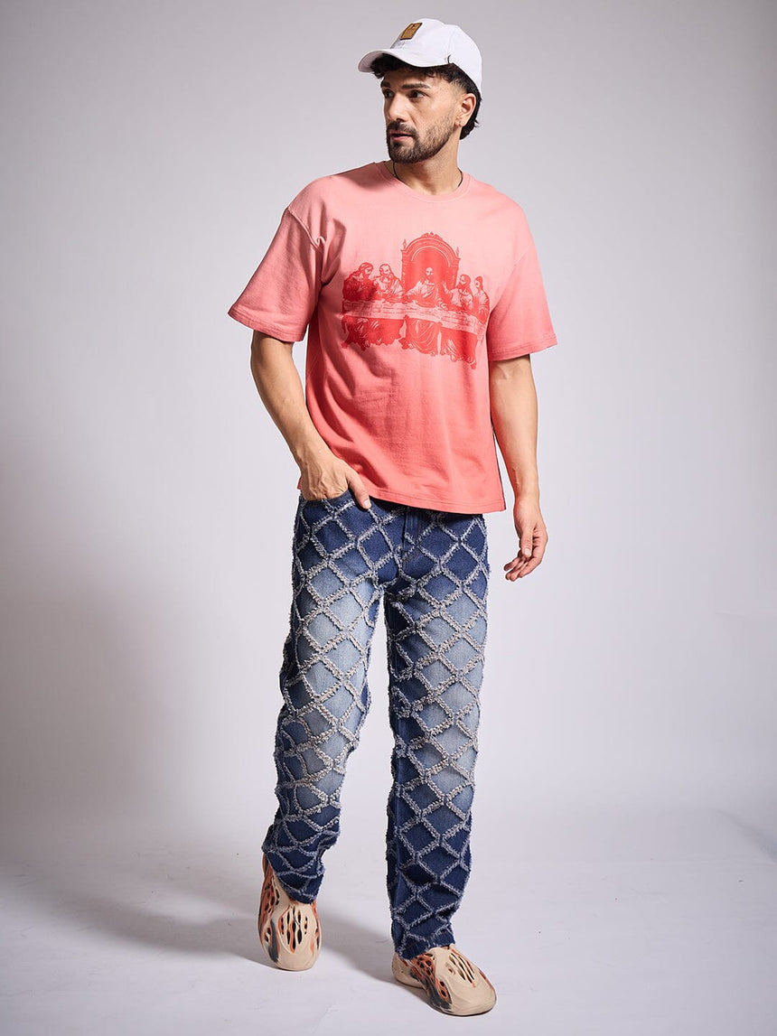 Dark Washed Distressed Patterned Straight Fit Denim Jeans Fugazee