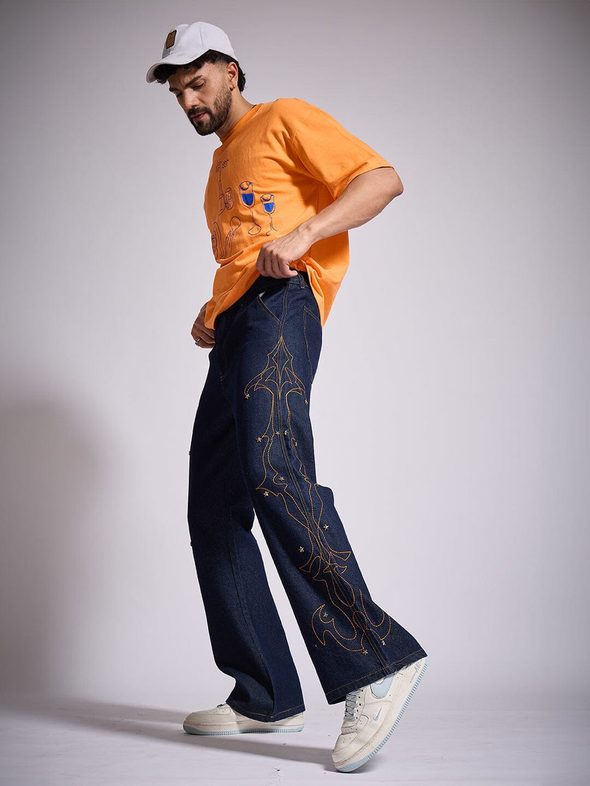 Dark Wash Mayan Embroidery Riveted Flared Denim Jeans Fugazee