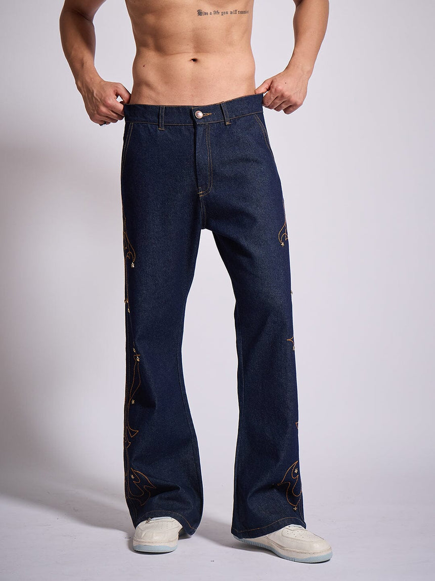 Dark Wash Mayan Embroidery Riveted Flared Denim Jeans Fugazee