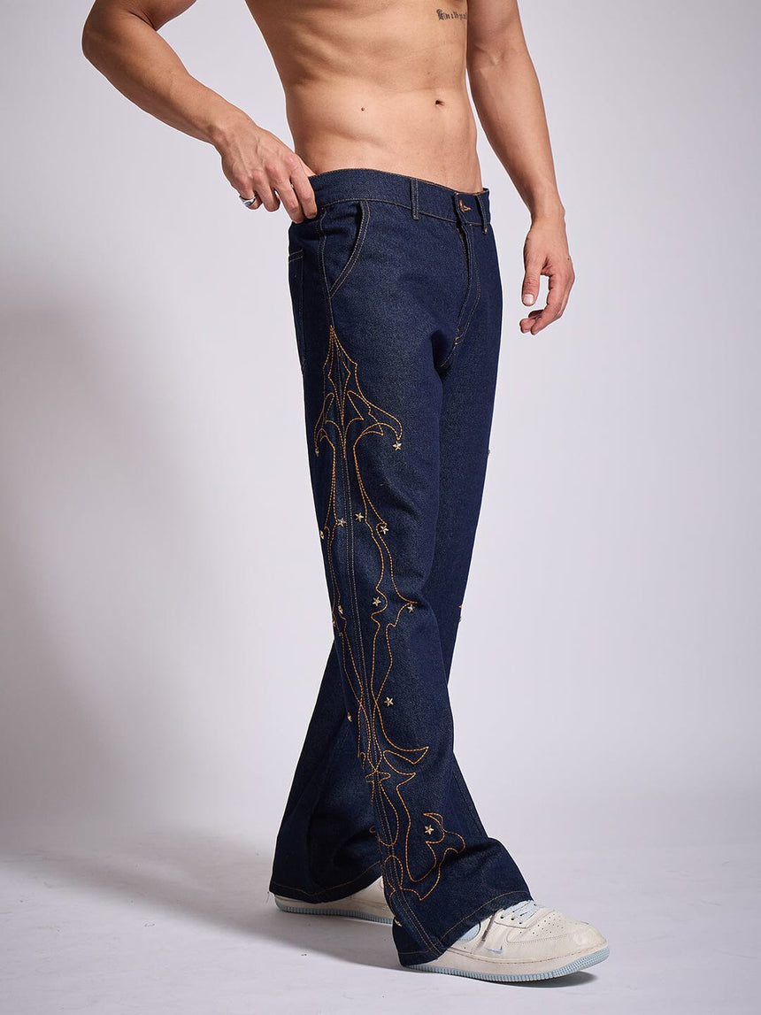 Dark Wash Mayan Embroidery Riveted Flared Denim Jeans Fugazee