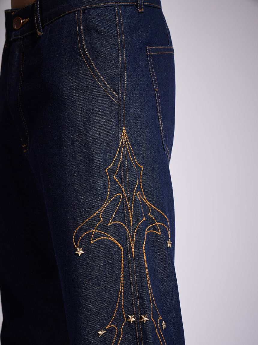 Dark Wash Mayan Embroidery Riveted Flared Denim Jeans Fugazee