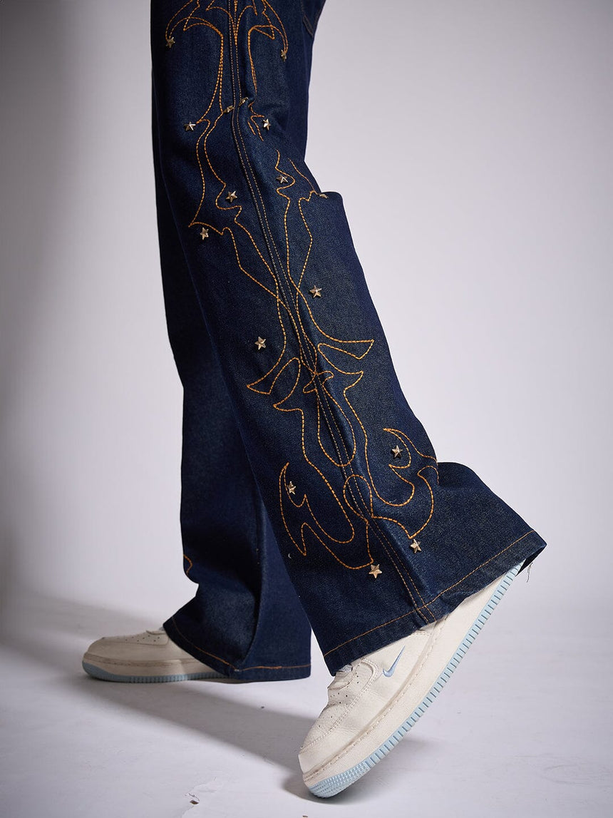 Dark Wash Mayan Embroidery Riveted Flared Denim Jeans Fugazee