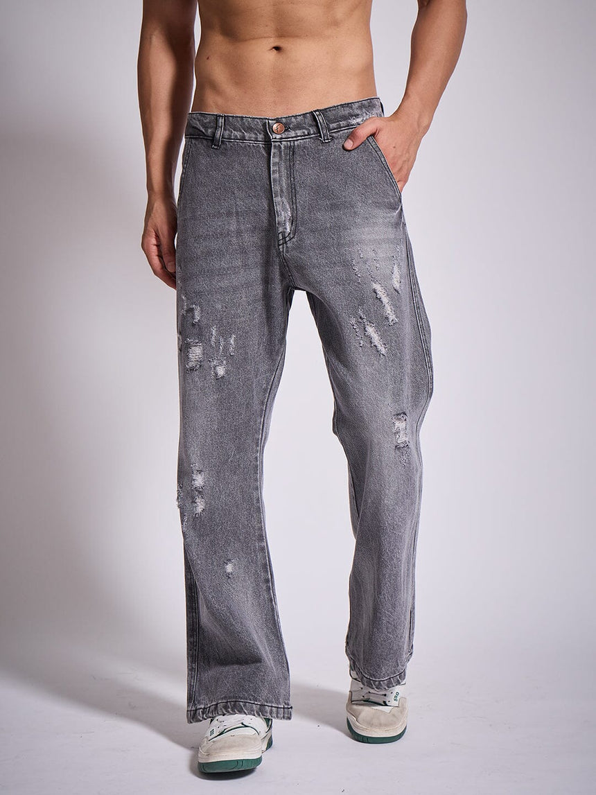 Grey Distressed Flared Denim Jeans Fugazee