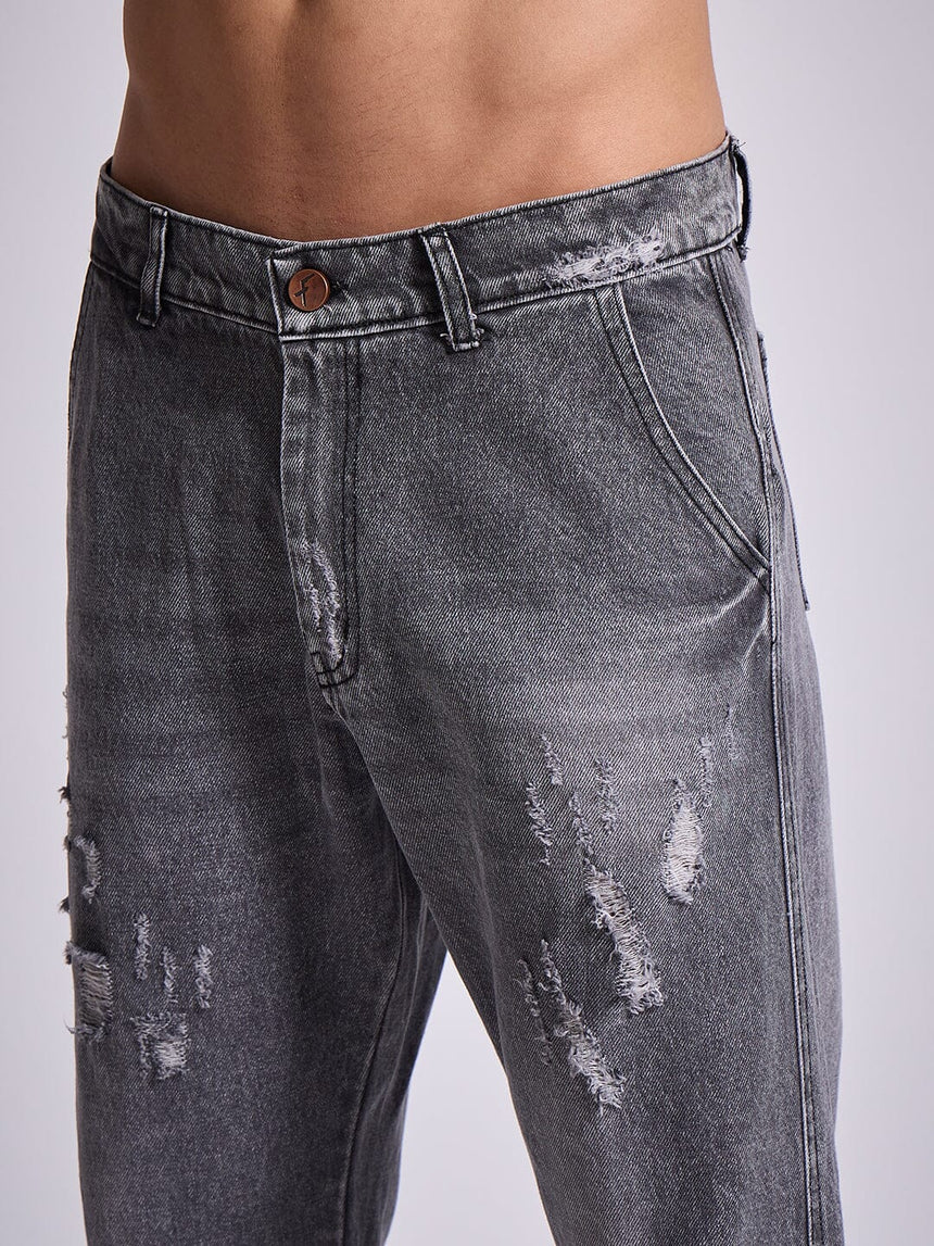 Grey Distressed Flared Denim Jeans Fugazee