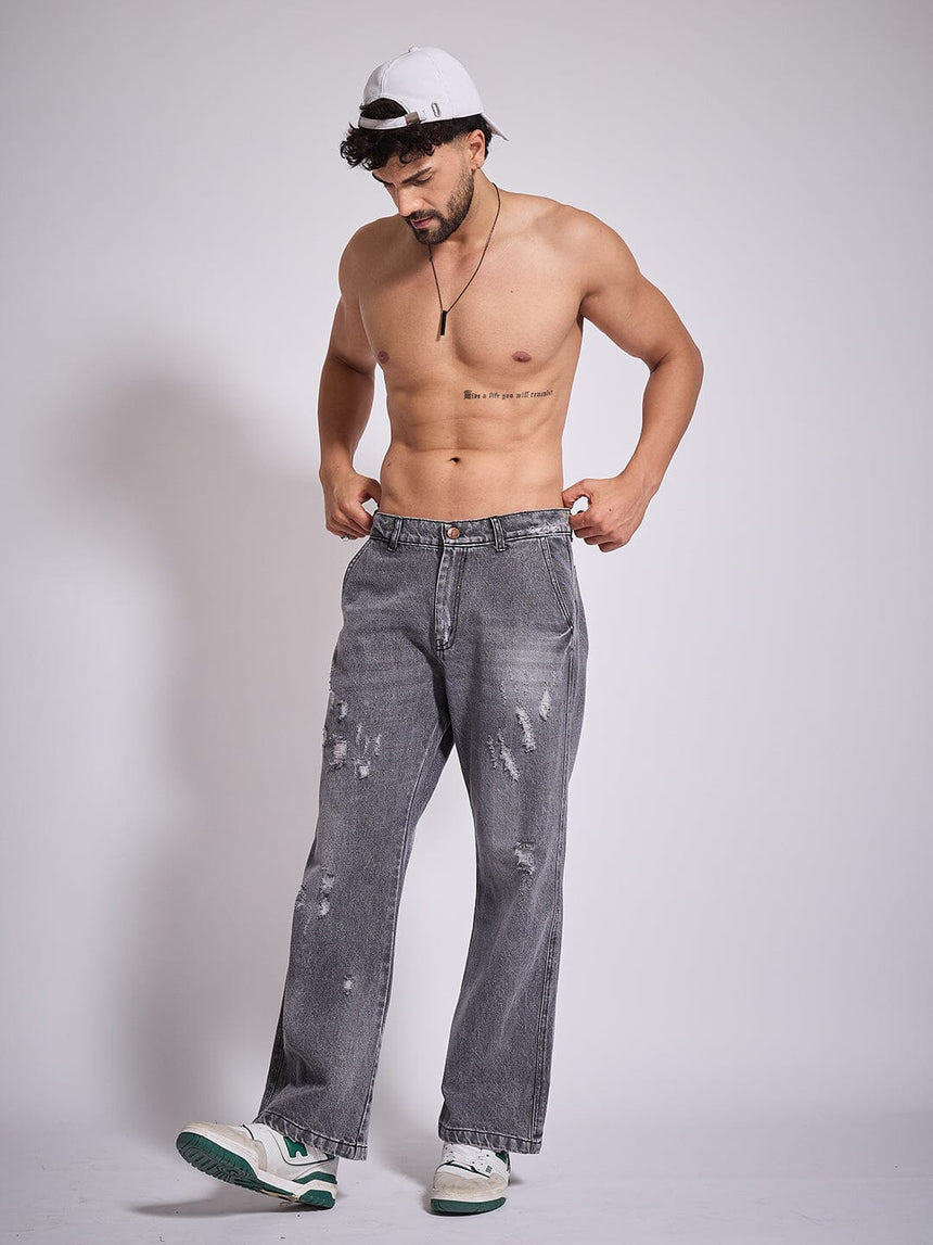Grey Distressed Flared Denim Jeans Fugazee