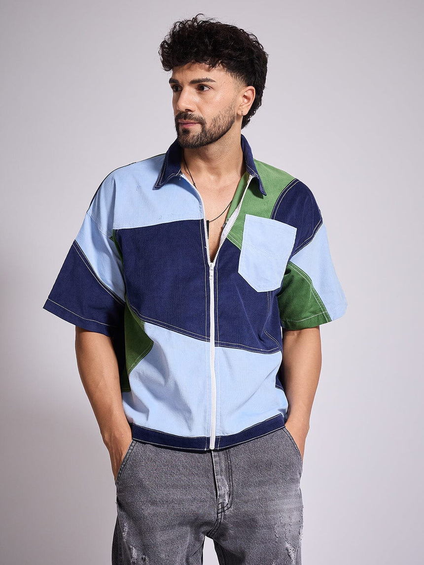 Blue Tricolour Cut & Sew Zipped Corduroy Shirt Shirts Fugazee