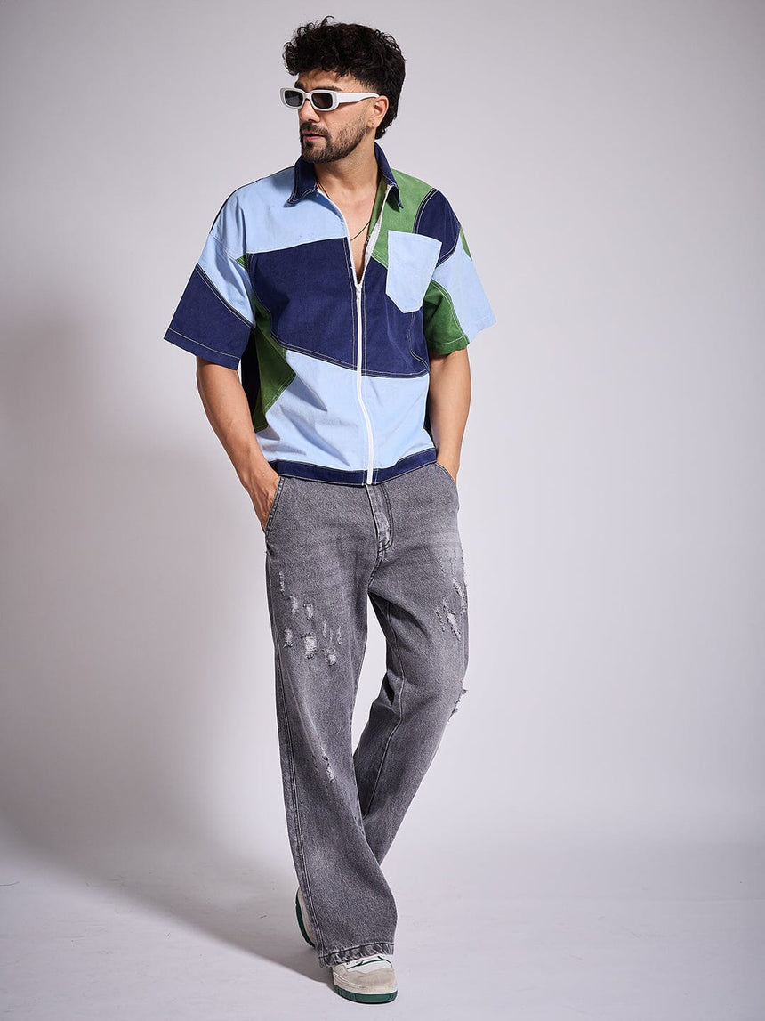 Blue Tricolour Cut & Sew Zipped Corduroy Shirt Shirts Fugazee