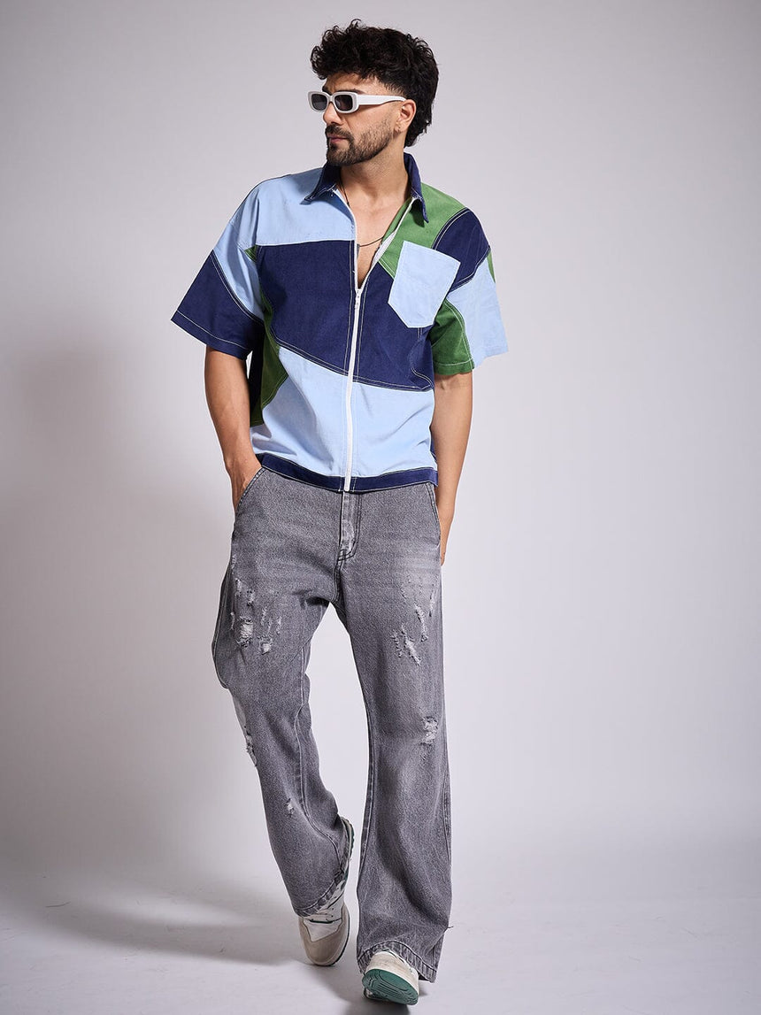 Blue Tricolour Cut & Sew Zipped Corduroy Shirt Shirts Fugazee