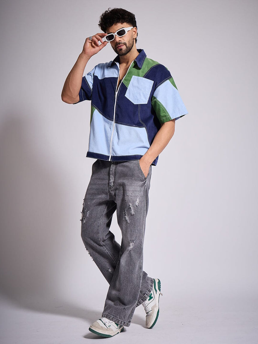 Blue Tricolour Cut & Sew Zipped Corduroy Shirt Shirts Fugazee