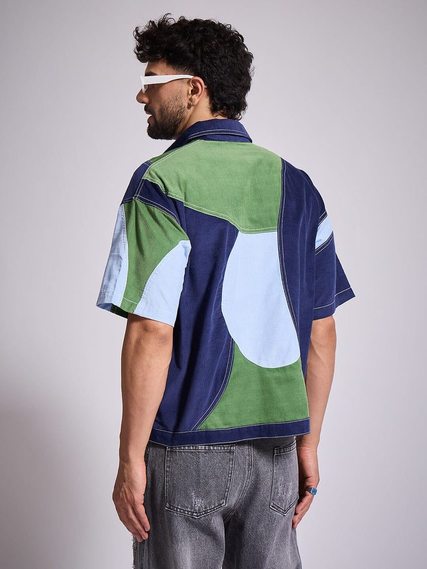 Blue Tricolour Cut & Sew Zipped Corduroy Shirt Shirts Fugazee