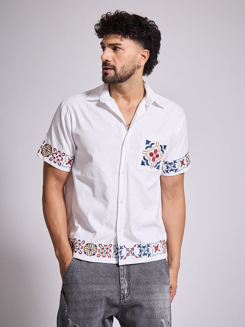 White Patterned Embroidered Corduroy Shirt Shirts Fugazee