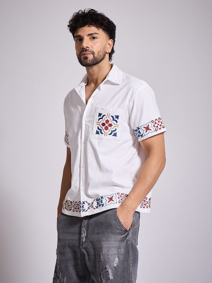 White Patterned Embroidered Corduroy Shirt Shirts Fugazee