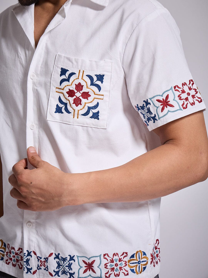 White Patterned Embroidered Corduroy Shirt Shirts Fugazee