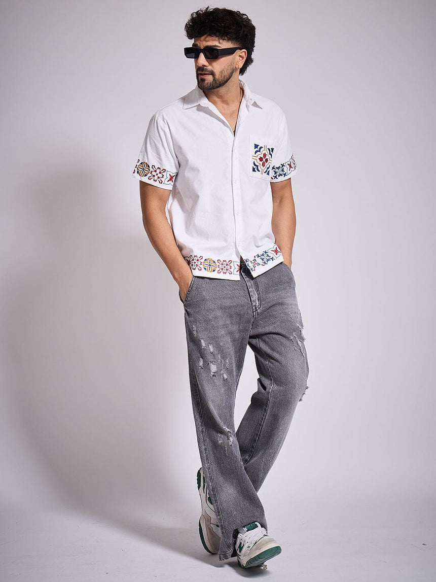 White Patterned Embroidered Corduroy Shirt Shirts Fugazee