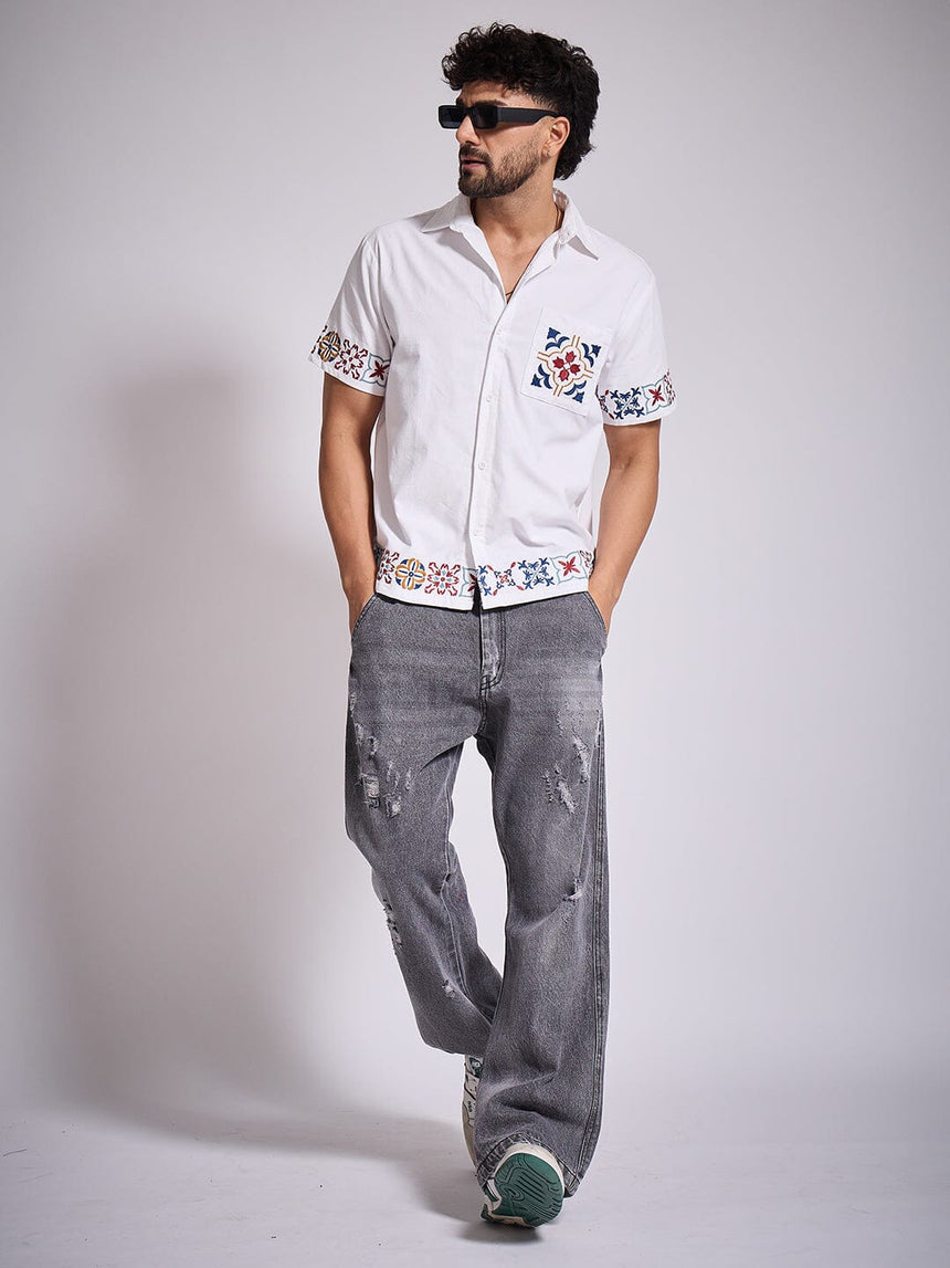 Grey Distressed Flared Denim Jeans Fugazee