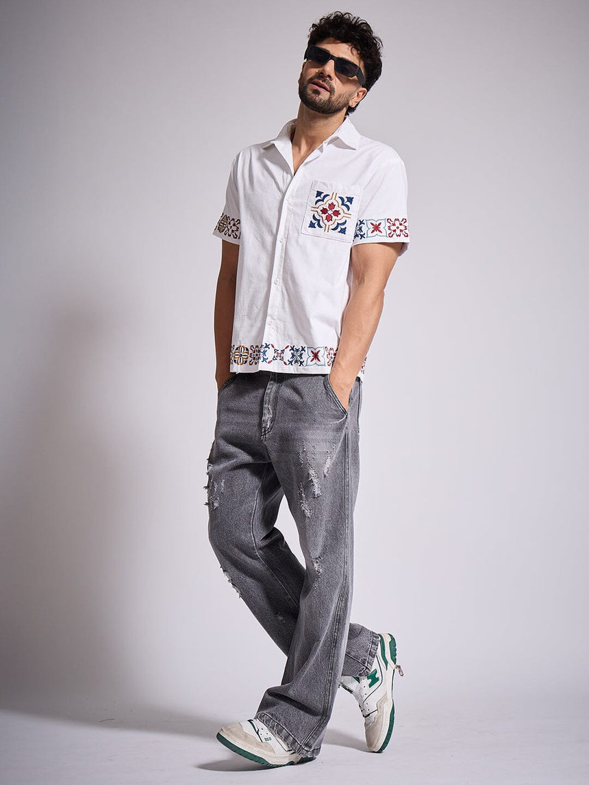 Grey Distressed Flared Denim Jeans Fugazee