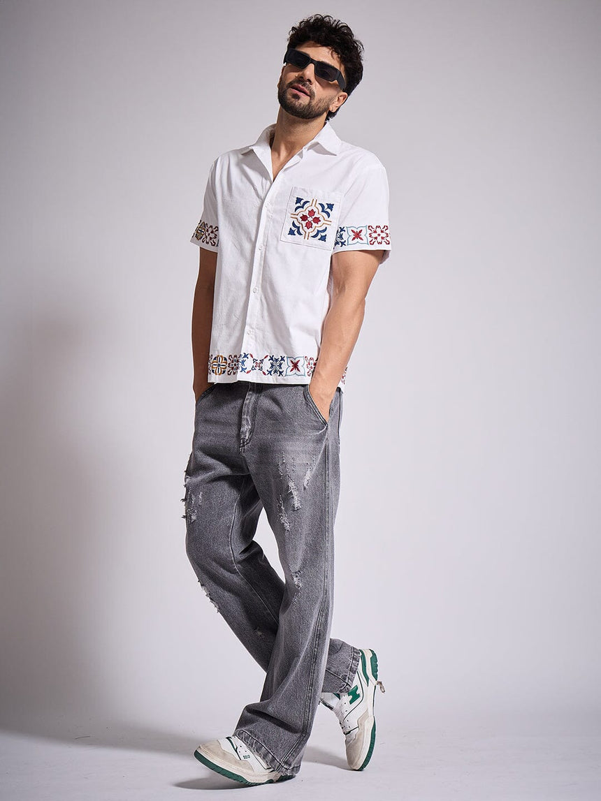 White Patterned Embroidered Corduroy Shirt Shirts Fugazee