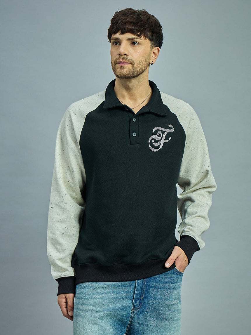 Black & Ecru Raglan Monogram Polo Sweatshirt Sweatshirts Fugazee