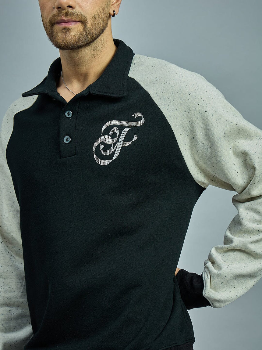 Black & Ecru Raglan Monogram Polo Sweatshirt Sweatshirts Fugazee