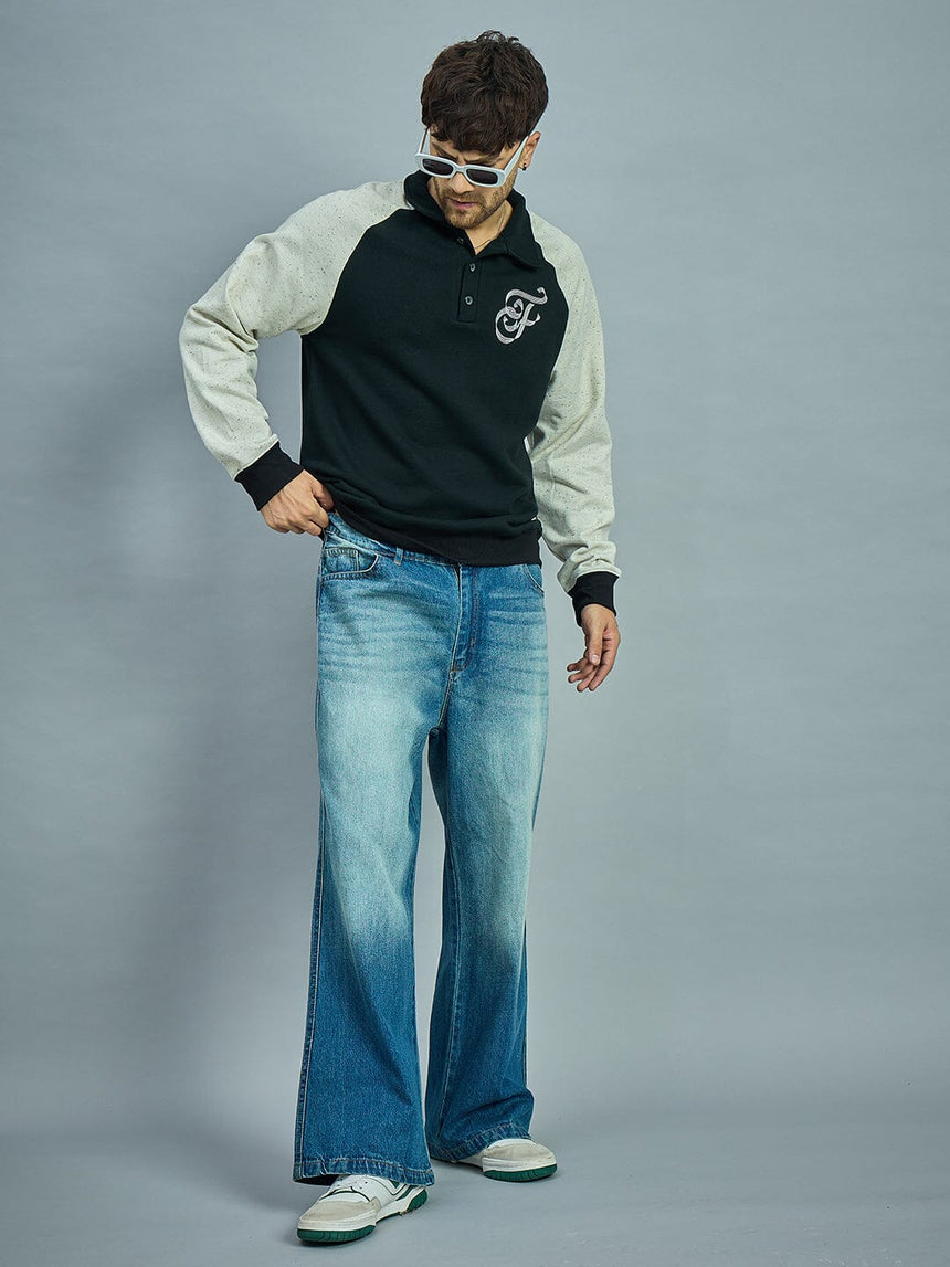 Black & Ecru Raglan Monogram Polo Sweatshirt Sweatshirts Fugazee