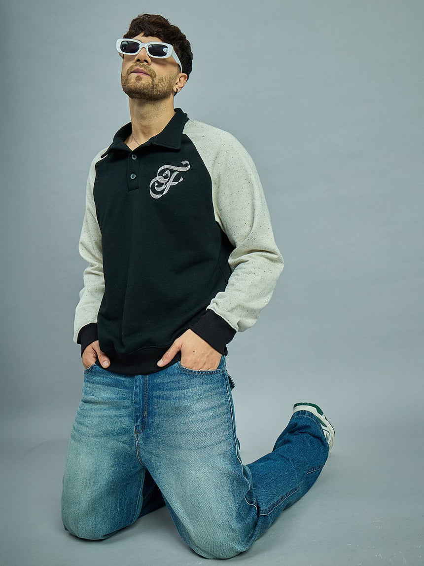Black & Ecru Raglan Monogram Polo Sweatshirt Sweatshirts Fugazee