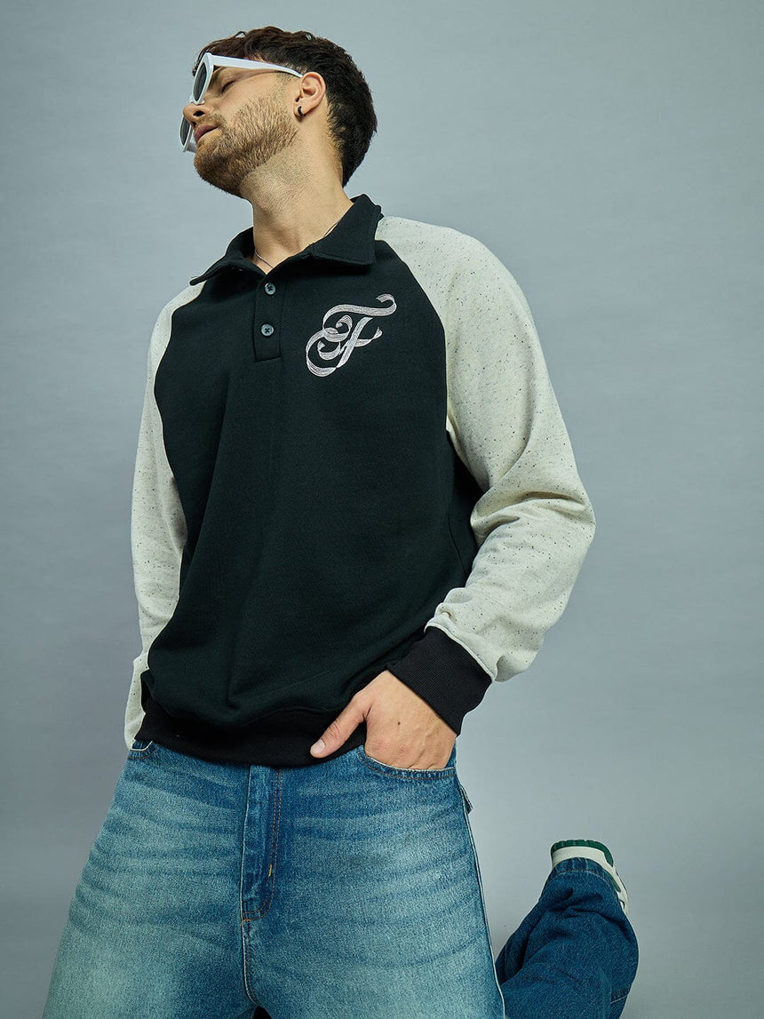 Black & Ecru Raglan Monogram Polo Sweatshirt Sweatshirts Fugazee
