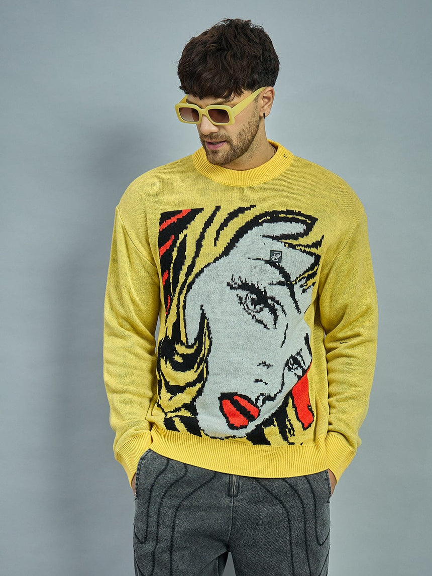 Yellow Girl Face Oversized Sweater Sweaters Fugazee