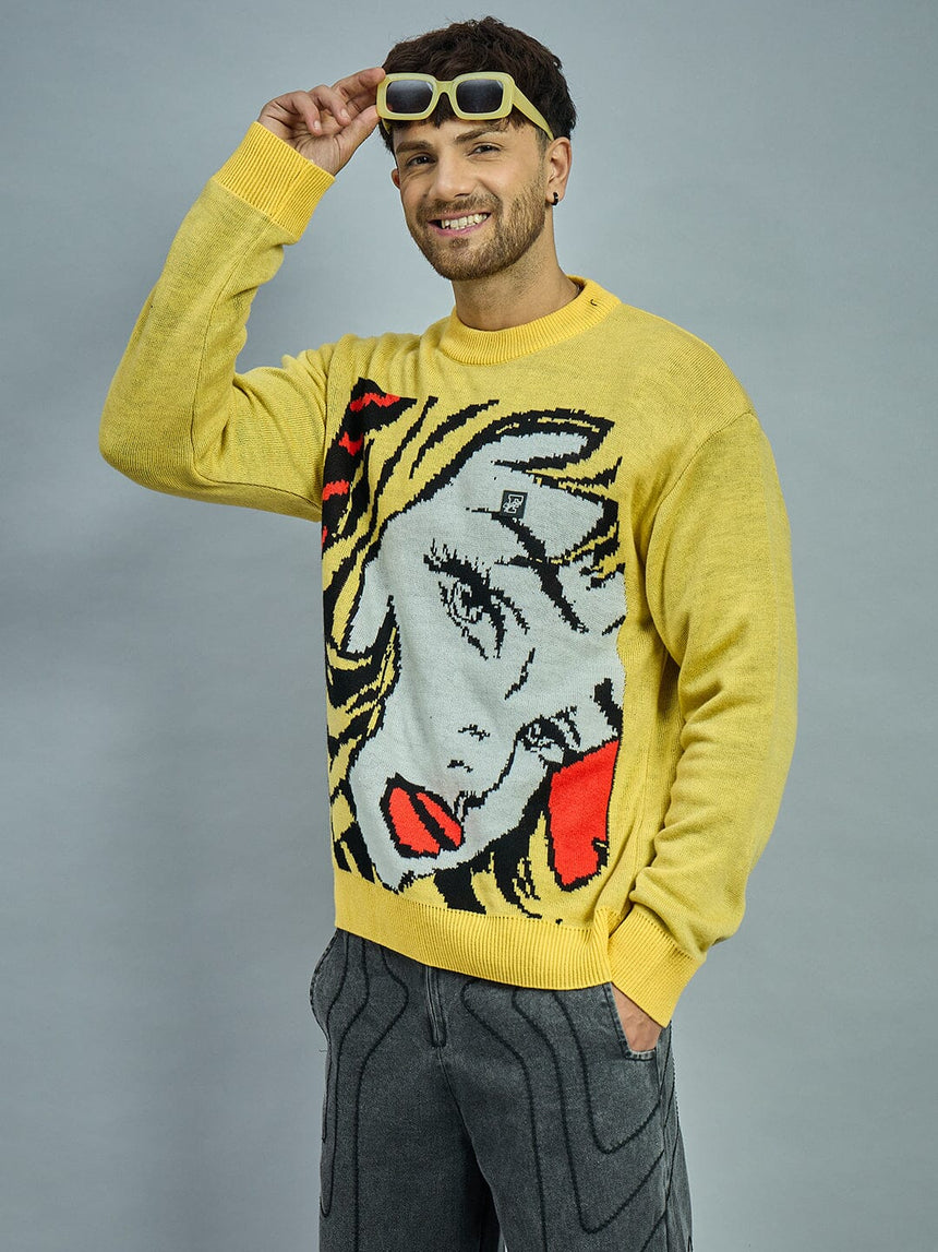 Yellow Girl Face Oversized Sweater Sweaters Fugazee