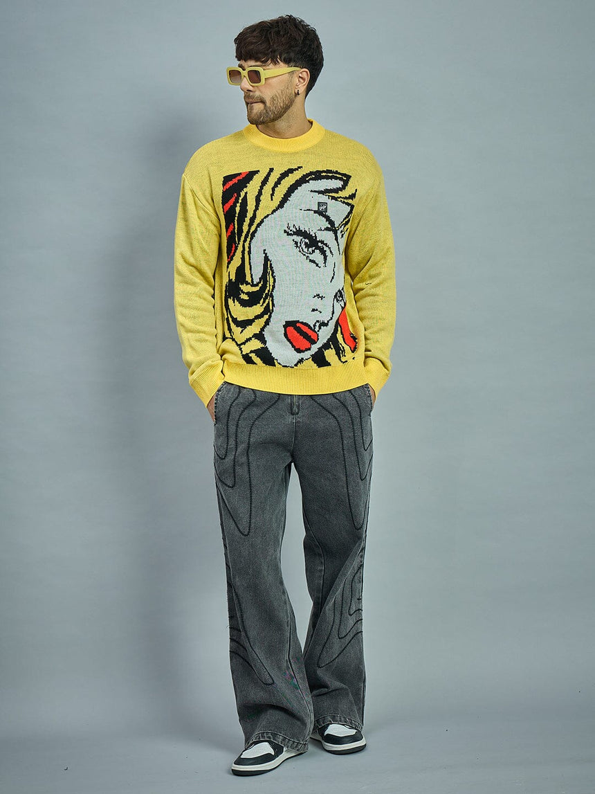 Yellow Girl Face Oversized Sweater Sweaters Fugazee