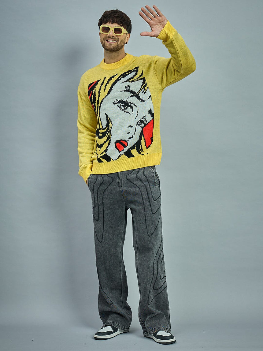 Yellow Girl Face Oversized Sweater Sweaters Fugazee