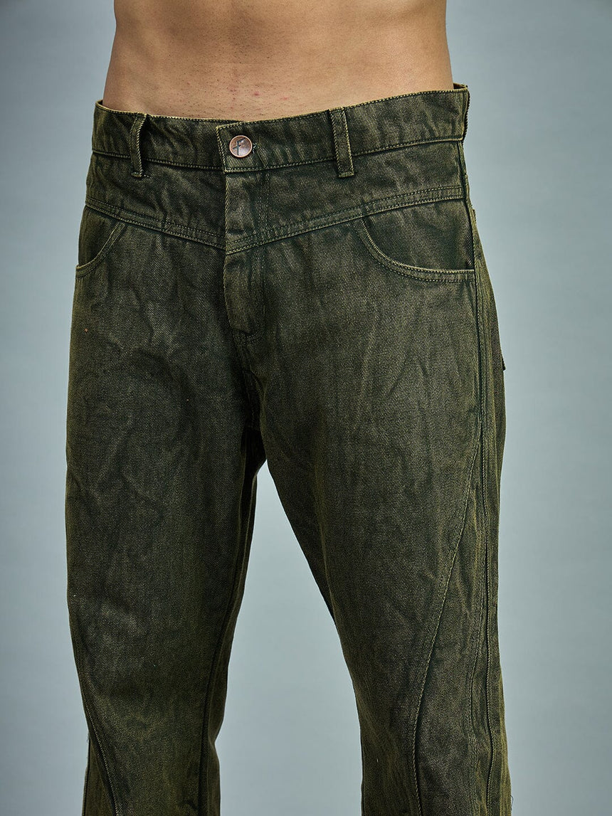 Olive Grunge Dyed Flared Denim Jeans Fugazee