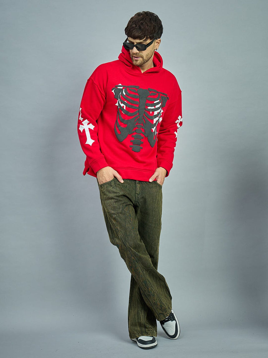 Red Fleece Rib Cage Graphic Oversized Hoodie Sweatshirts Fugazee