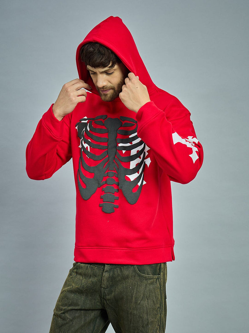 Red Fleece Rib Cage Graphic Oversized Hoodie Sweatshirts Fugazee