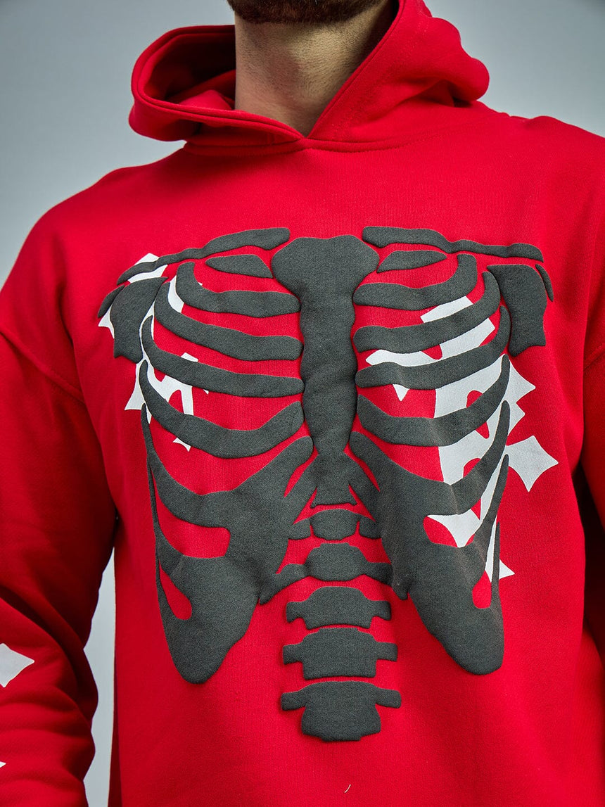 Red Fleece Rib Cage Graphic Oversized Hoodie Sweatshirts Fugazee