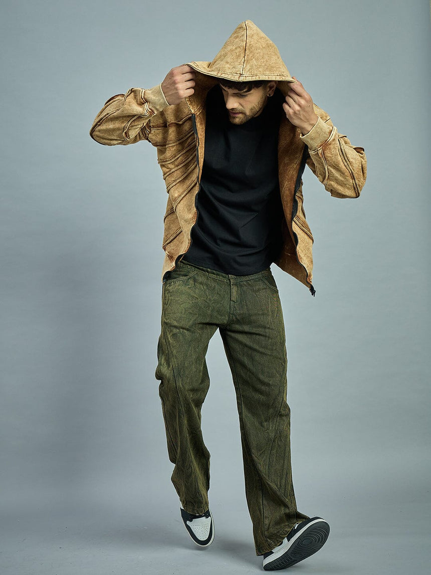 Clay Dyed Pleated Raw Edge Oversized Hoodie Sweatshirts Fugazee