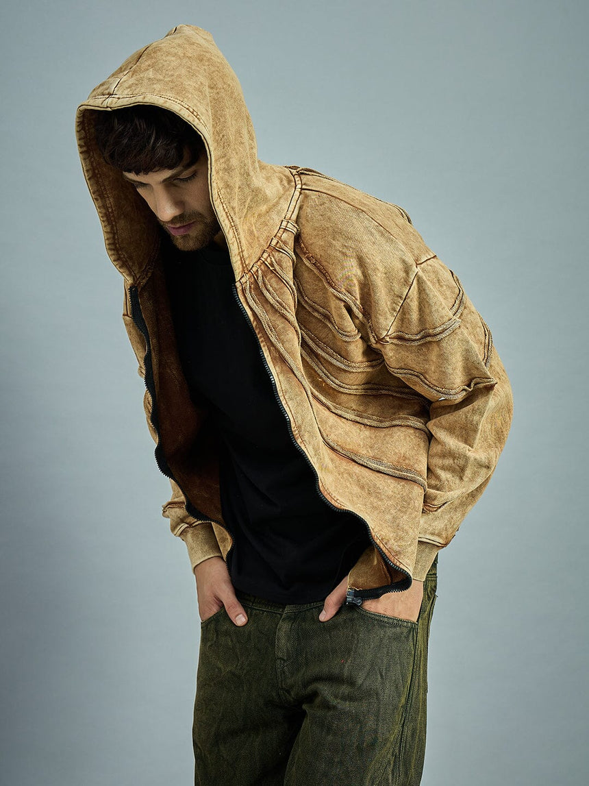 Clay Dyed Pleated Raw Edge Oversized Hoodie Sweatshirts Fugazee