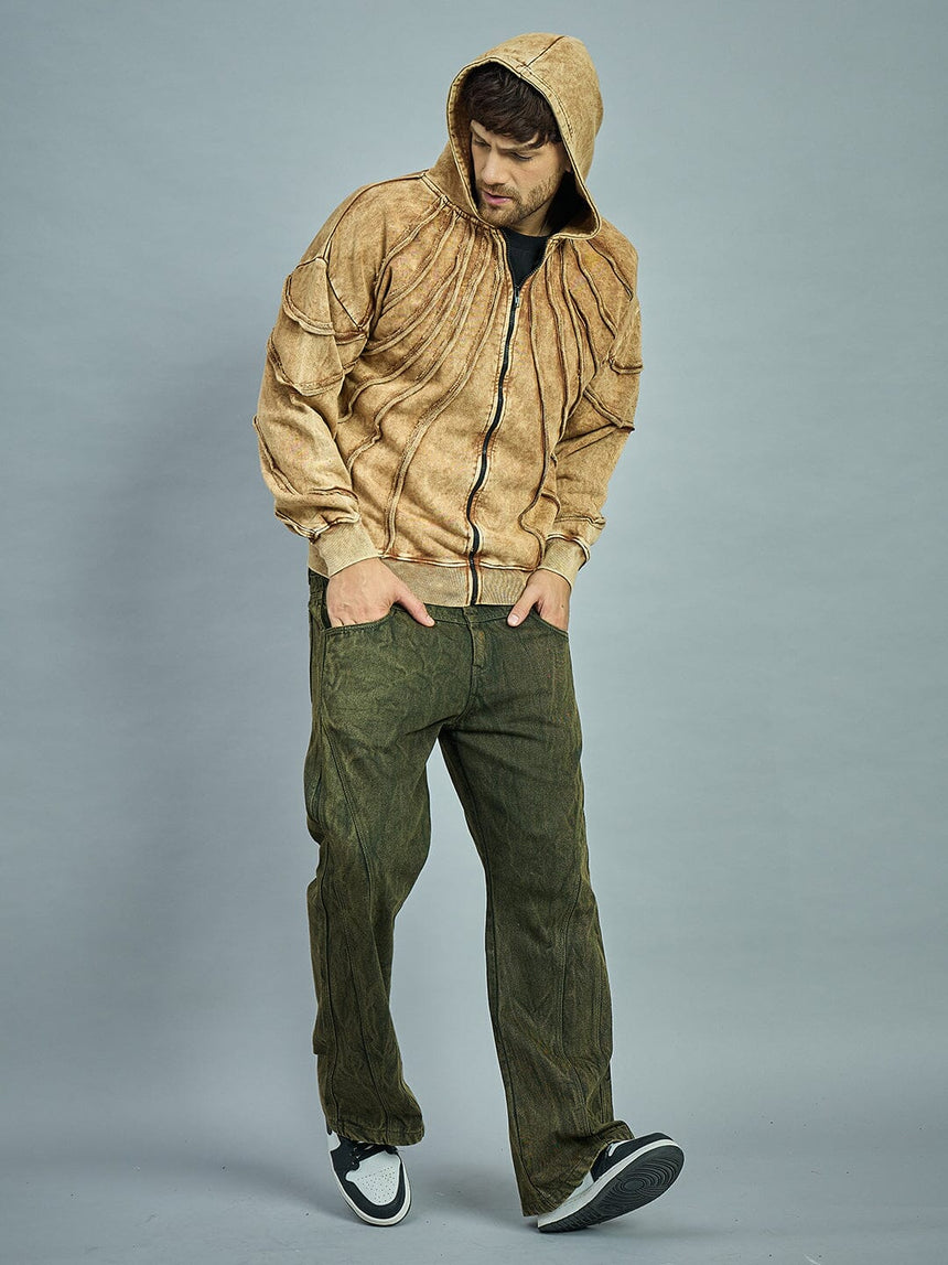 Clay Dyed Pleated Raw Edge Oversized Hoodie Sweatshirts Fugazee