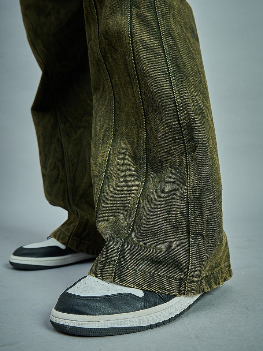 Olive Grunge Dyed Flared Denim Jeans Fugazee