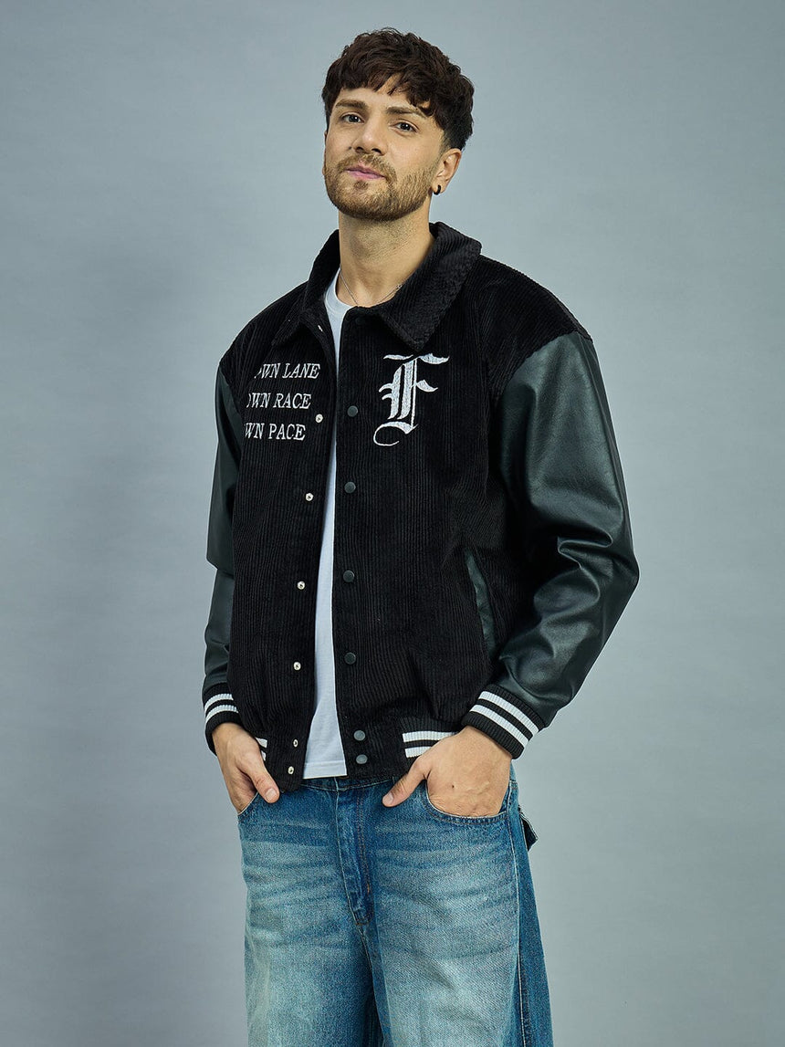 Black Corduroy Faux Leather Sleeves Varsity Jacket Jackets Fugazee