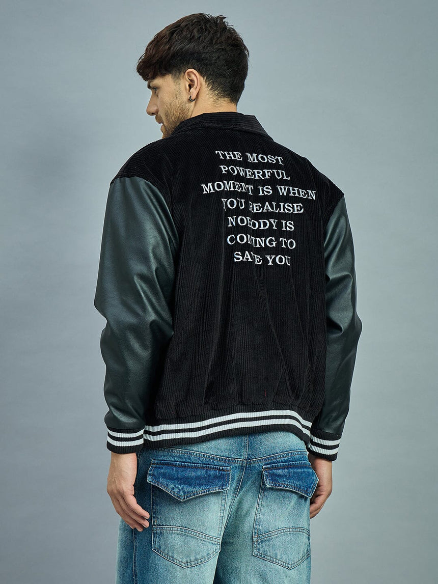Black Corduroy Faux Leather Sleeves Varsity Jacket Jackets Fugazee